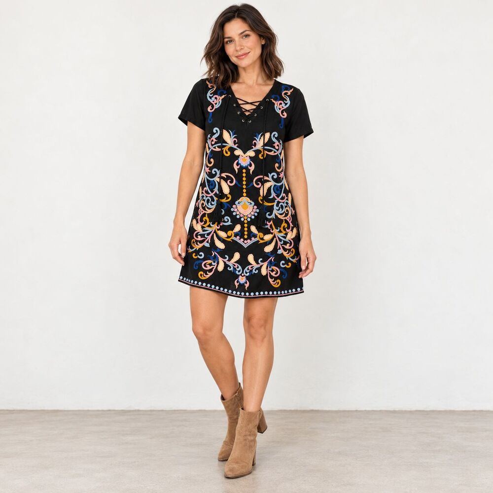 Skies Are Blue Dress Women Small Black Embroidered Boho Lace Up Tassel Shift EUC